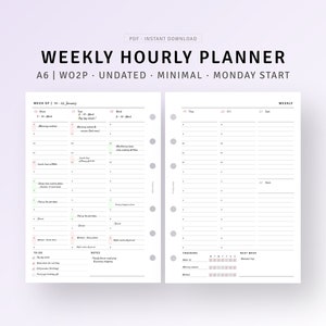 Weekly Hourly Planner Printable A6 Inserts Schedule Organizer Sheet, Week on 2 Pages, Productivity Planner, Weekly Overview Digital Download