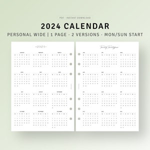 Simple 2024 Calendar Template Printable Personal Wide Inserts, Yearly ...