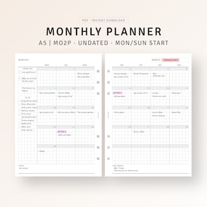 Undated Monthly Planner A5 Inserts Printable Hobo Style Monthly Calendar Template, MO2P, To do list, Schedule Overview, Digital Download PDF