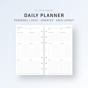 Undated Daily Planner Printable Personal Ring Inserts, 2 Days on 1 Page, Work Day Agenda Overview Sheet, Daily To do list, Instant Download