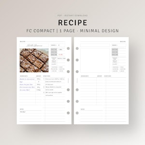 May include: A printable recipe template for a compact size planner. The template has a black and white design with a section for ingredients, amounts, and directions. The template also includes a section for notes and a photo of a brownie recipe.