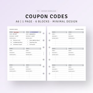 Coupon Codes Tracker A6 Inserts, Shopping Discount Code Log Template, Sale Checklist, Store Coupon Code List Organizer, Discount Tracker image 1