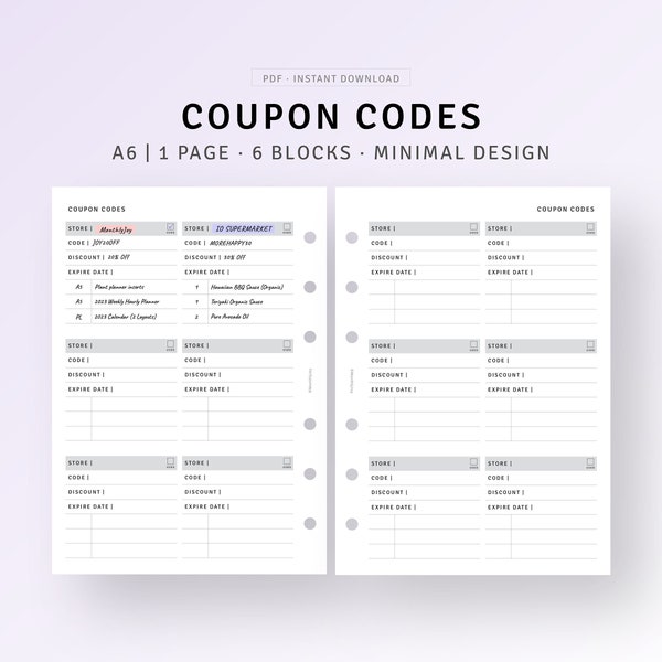 Coupon Codes Tracker A6 Inserts, Shopping Discount Code Log Template, Sale Checklist, Store Coupon Code List Organizer, Discount Tracker