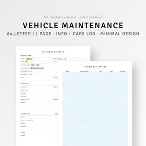 Car Maintenance Sheet A4/Letter Size Printable Auto Mileage Log Journal Template, PDF, Vehicle Service Maintenance Tracker, Car Repair List