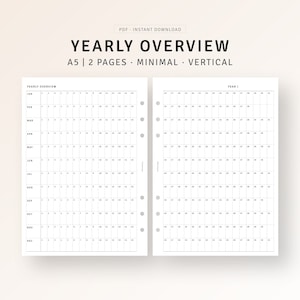 Year At A Glance A5 Planner Inserts, Undated Yearly Planner Printable Yearly Agenda Overview Calendar, Year on 2 Pages, Digital Download PDF
