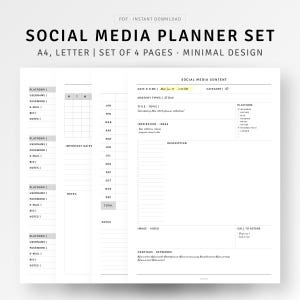 May include: A black and white printable social media planner set with four pages. The planner includes sections for platform, username, password, email, bio, notes, important dates, date and time, content types, title, topic, inspiration, ideas, description, image, video, hashtags, keywords, and call to action.