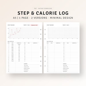 Stappentracker Afdrukbare A5-inlegvellen, gewichtsverliestracker, calorielogboek, trainingstapuitdaging, dagelijkse wandelsjabloon, stappenteller dieet