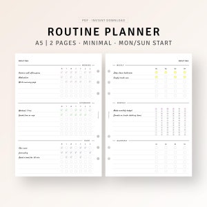 Routine Planner Printable A5 Inserts, Morning Night Routine Tracker, Weekly Routine Checklist, Habit Log, Daily Ritual, Instant Download PDF