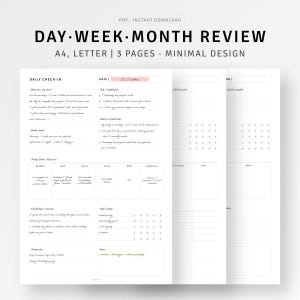 Reflexión diaria, revisión semanal, tamaño A4, carpeta de cartas, plantilla de evaluación mensual imprimible, PDF, diario de gratitud, resumen semanal, descarga digital