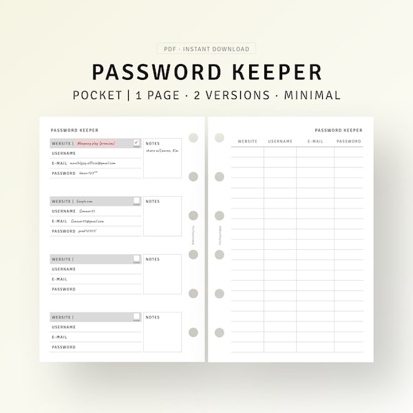 Password Tracker Printable Pocket Size Planner Inserts, Personal Information Website Login Password Organizer, Account Username Password Log