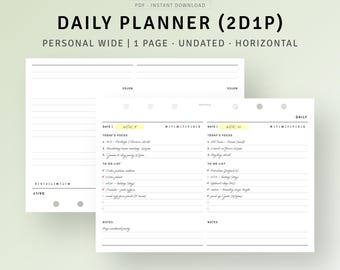 Organizador de agenda diaria imprimible de 2 días en 1 página, tareas diarias con lista de verificación, insertos personales de anillas anchas, descarga instantánea en PDF