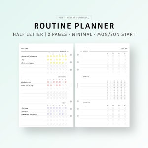 Planificador de rutinas imprimible en formato de media página, registro de seguimiento de hábitos semanales, registro de rutina matutina, lista de verificación de rituales diarios, descarga digital