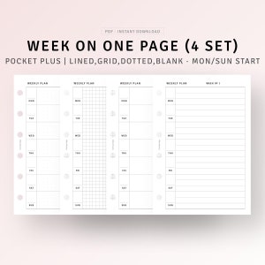 Può includere: Quattro pagine di pianificatore settimanale stampabili in formato tasca plus. Le pagine includono layout a righe, griglia, puntini e vuoti. Ogni pagina ha un'intestazione che dice "Pianificatore settimanale" e include i giorni della settimana da lunedì a domenica.