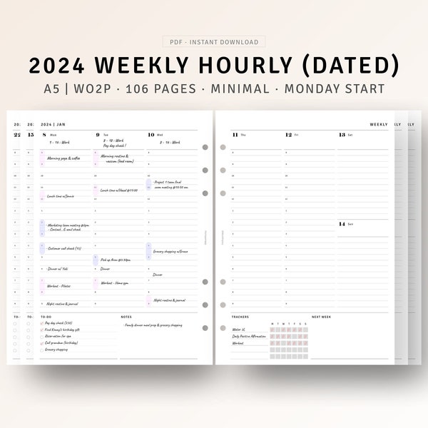 A5 Inserts, 2024 Weekly Planner Printable 2024 Dated Weekly Schedule Organizer, To do list, WO2P, Productivity Planner, Daily Hourly Planner