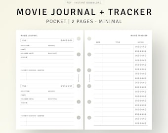 映画ジャーナル 印刷可能なポケットリングインサート、TVシリーズトラッカー、映画鑑賞リスト、映画トラッカープランナー、映画映画レビュージャーナル PDF