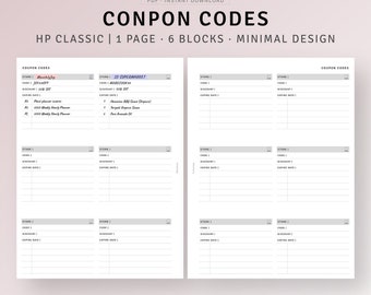 Puede incluir: Un rastreador de códigos de cupón imprimible con seis bloques para registrar el nombre de la tienda, el código, el descuento y la fecha de vencimiento. La página está diseñada en un estilo minimalista con un esquema de color gris y blanco. El texto "CONPON CODES" está en la parte superior de la página.