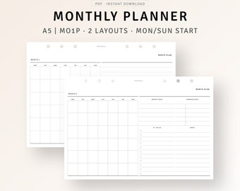 Undated Monthly Planner A5 Ring Binder Printable, Monthly Agenda Overview Template, MO1P, To do list, Month At A Glance, Digital Download