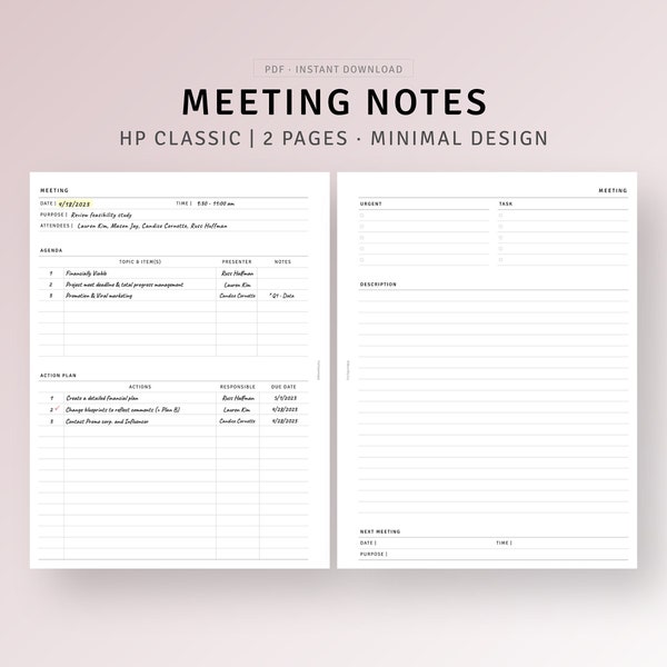 Meeting Notes Printable HP Classic Inserts, Meeting Minutes Template, Work Meeting Agenda Sheet, Productivity Planner, Discussion Notes Page