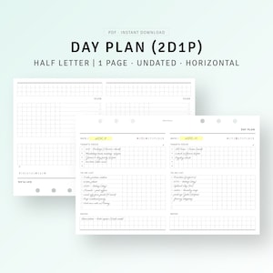 Planificador diario de trabajo sin fecha, con forma de media letra, imprimible, 2D1P, insertos, diseño horizontal, organizador de agenda de horario diario, descarga digital en formato PDF
