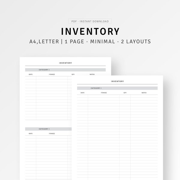 Inventory Tracker A4/Letter Size Printable Inserts, Home Management Organizer, Minimal Kitchen Inventory, Product Inventory List Template