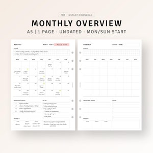 Monthly Overview A5 Ring Inserts Printable Blank Calendar Template, Month on 1 Page, Schedule Organizer with Checklist, Instant Download PDF