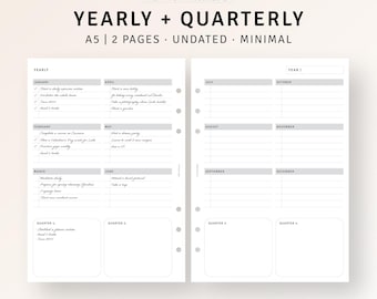 Yearly Planner A5 Binder Planner Printable Quarterly Template, Annual Goal Overview, Year At A Glance, Birthday Tracker, Digital Download