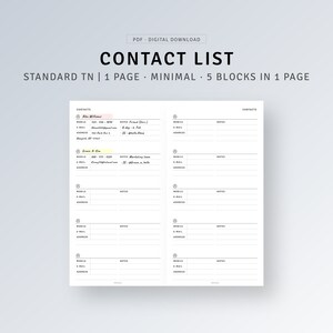 May include: A printable contact list template for a standard traveler's notebook. The template is designed to fit on one page and includes five contact blocks. Each block has space for a name, mobile number, email address, and notes.