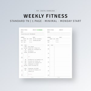 Op de afbeelding: Een printbare wekelijkse fitnessplanner met een minimalistisch ontwerp. De planner bevat secties voor doelen, samenvatting, notities en dagelijkse trainingslogboeken. De planner is ontworpen voor een standaard TN-notitieboek en begint op maandag.