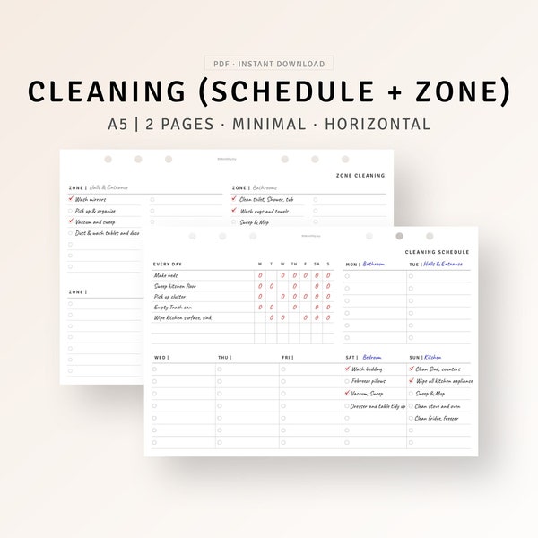 A5 Inserts, Cleaning Planner Schedule Printable Cleaning Zone, Weekly Daily Cleaning Tracker, Household Chore Cleaning Routine Organizer