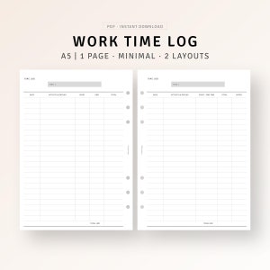 Könnte beinhalten: Ein minimalistisches Arbeitszeitprotokoll im A5-Format. Das Design zeigt zwei Layouts mit Platz für Datum, Aktivitätsdetails, Start- und Endzeiten sowie Gesamtstunden. Der Text "WORK TIME LOG" befindet sich oben, zusammen mit "PDF • INSTANT DOWNLOAD".