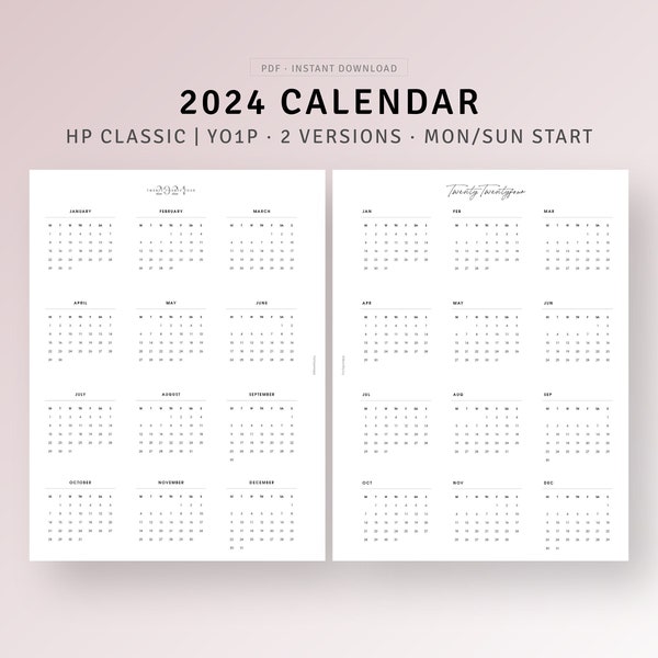 2024 Printable Calendar HP Classic Inserts, 2024 Yearly Calendar Template, YO1P, 12 Months Calendar PDF, Yearly Overview, Digital Download