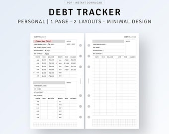 May include: A black and white printable debt tracker with two layouts. The first layout has a section for notes and a table to track monthly payments for a student loan. The second layout has a section for notes and a table to track monthly payments for a general debt.