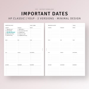 Pode incluir: Uma página de planejador imprimível com um design minimalista. A página é dividida em 12 meses, com uma coluna para cada mês. A página é intitulada "Datas importantes" e inclui o texto "HP Classic | YO1P | 2 Versões | Design minimalista".