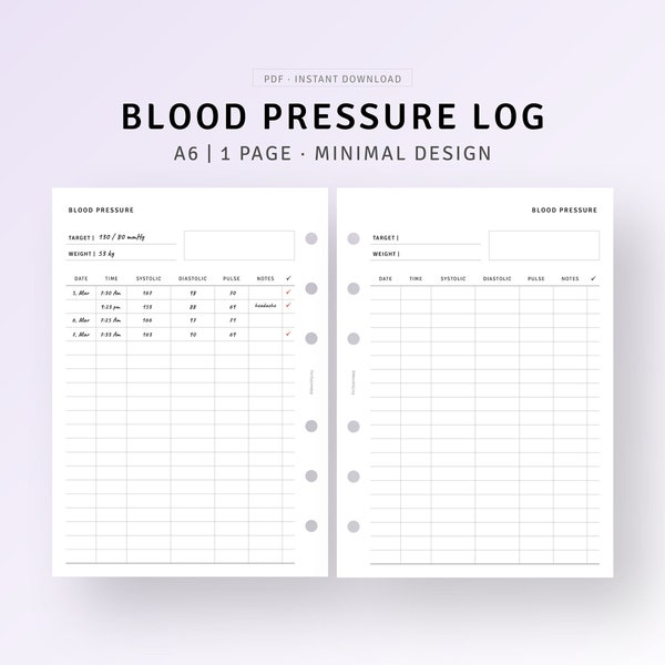 A6, Blood Pressure Tracker Printable Inserts, Daily Blood Pressure Log Chart, High BP Tracking Template, Health Medical Vitals Tracker Sheet