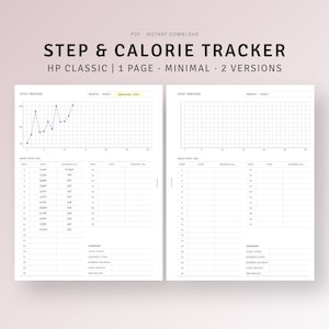 May include: A printable step and calorie tracker with two versions. The first version has a graph to track steps and a table to log daily steps and calories burned. The second version has a blank graph and table for tracking steps and calories burned. The tracker is designed for a month and includes a summary section for total steps, average steps, burned calories, start weight, and end weight.
