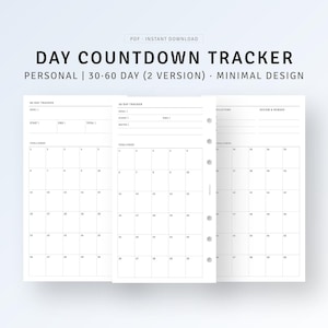 Könnte beinhalten: Ein minimalistischer Tages-Countdown-Tracker mit einem klaren, weißen Design. Der druckbare Planer enthält Abschnitte für Ziele, Herausforderungen und Meilensteine, mit einem 30-60-Tage-Format. Der Text auf dem Bild lautet "Day Countdown Tracker" und "Personal | 30-60 Day (2 Version) - Minimal Design."