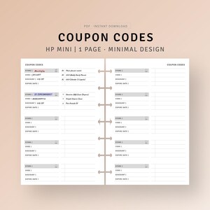 Könnte beinhalten: Ein druckbarer Coupon-Code-Tracker für einen Happy Planner Mini. Die Seite ist in Abschnitte für Geschäft, Code, Rabatt und Ablaufdatum unterteilt. Die Seite ist im minimalistischen Stil mit schwarzem Text auf weißem Hintergrund gestaltet.