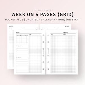 Week on 4 Pages Pocket Plus Ring Printable Undated Weekly Planner with Calendar, Pocket XL, Weekly To do list, Instant Download