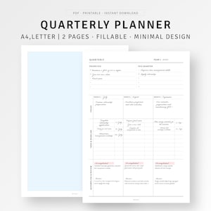 Planificador trimestral imprimible, objetivos trimestrales, insertos A4/carta, planificación trimestral rellenable de 90 días, planificador trimestral, descarga digital en PDF.