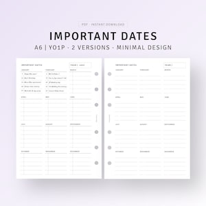 May include: A printable A6 planner with two versions for important dates. The first version is for year 2023 and the second version is for any year. Each version has a calendar layout with months from January to December.