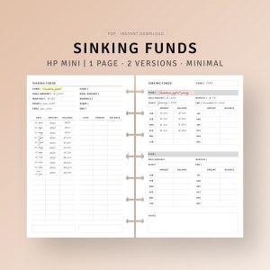 May include: A printable planner page for tracking sinking funds. The page is divided into two sections, each with a table for tracking monthly savings for a specific goal. The first section is titled "Vacation fund" and the second section is titled "Christmas gift & party".