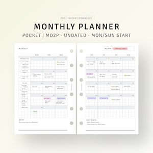 Pocket, Monthly Planner Inserts Printable Month on 2 Pages, Monthly Calendar Template, To do list, Monthly Overview Spreads Refill, MO2P