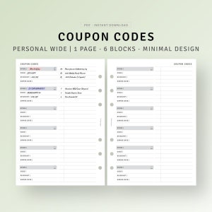 May include: A printable coupon code tracker with six blocks for organising coupon codes, store names, discount amounts, and expiry dates. The printable sheet is designed for personal use and has a minimalist design.