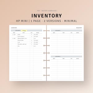 May include: A printable inventory list template for a HP Mini planner. The template has two versions, one with a category column and one without. The template includes columns for date, item, quantity, and notes.