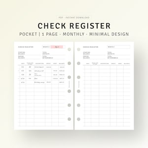 Pocket, Check Register Printable Template, Checkbook Ledger, Spending Money Tracker Payment Checklist, Checkbook Log Page, Home Budget Sheet