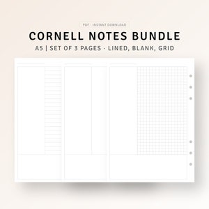 May include: A set of three printable Cornell note pages in A5 size. The pages are lined, blank, and gridded. The pages are designed for taking notes in a specific format, with a section for key concepts, notes, and a summary.
