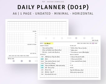 May include: A black and white printable daily planner with a horizontal layout. The planner is undated and includes a to-do list, meal and water tracker, and a schedule section. The planner is labeled "Daily Planner (DO1P)" and "A6 | 1 Page - Undated - Minimal - Horizontal".