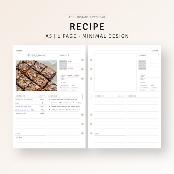 Recipe Planner A5 Size Printable Kitchen Recipe Template, Simple Cookbook PDF, Recipe Form Card Organizer, Minimalist Food Recipe Sheet