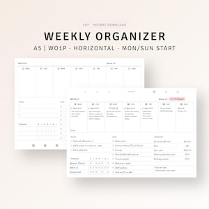 A5 Size, Undated Weekly Overview Planner Printable Weekly To do list, Productivity Planner, Horizontal Weekly Spread, WO1P, Week At A Glance