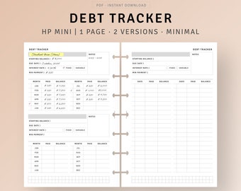 May include: A printable debt tracker planner with two versions. The first version is for a student loan and the second version is for a general debt tracker. Both versions include sections for starting balance, due date, interest rate, minimum payment, month, paid, and balance.